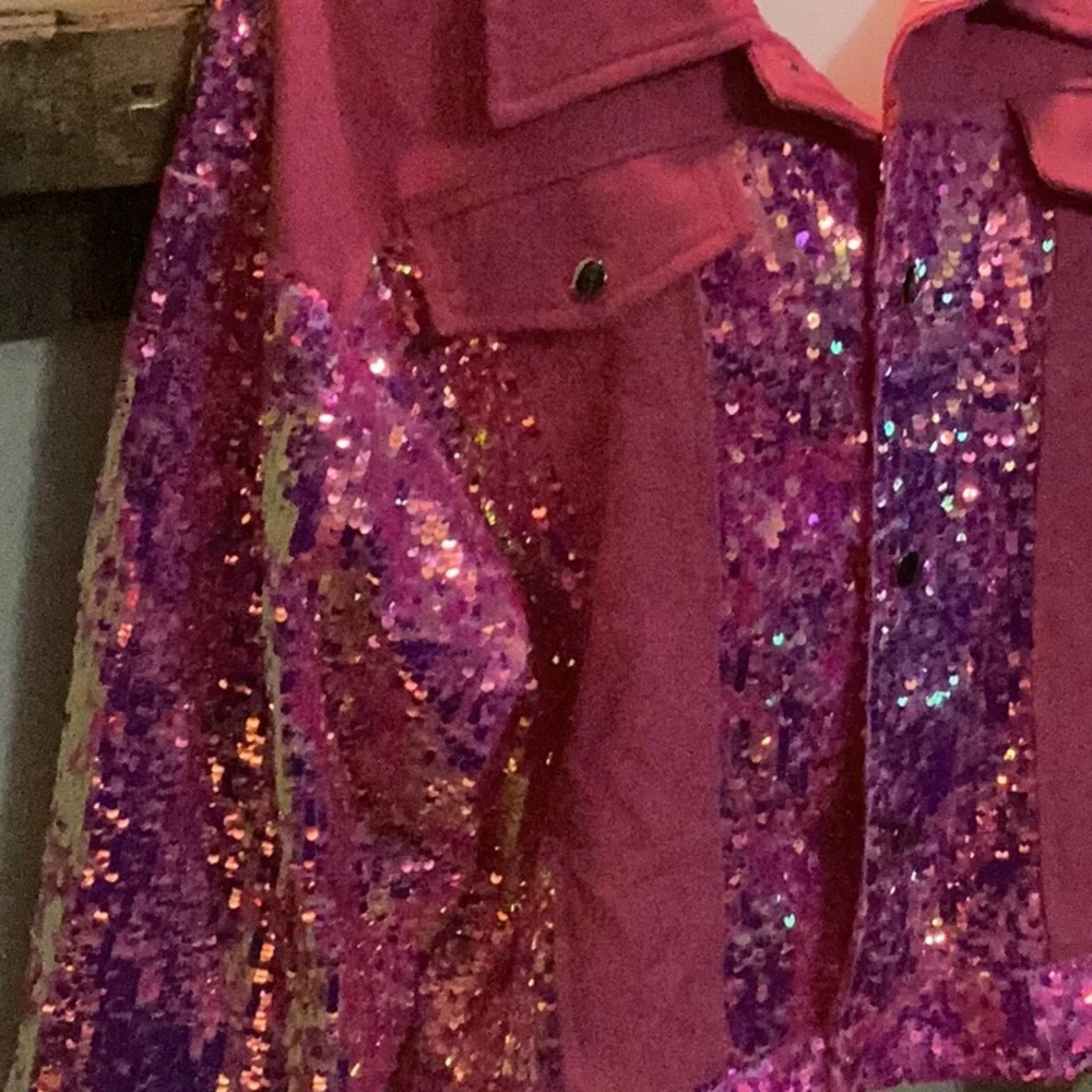AKIRA Pink and Purple Sequin Jean Jacket - Picture 4 of 11